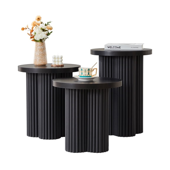 YOCWO 3 Pieces Round End Table with Fluted Plum Leg, Mid Century Modern Coffee Table Set of 3, Black