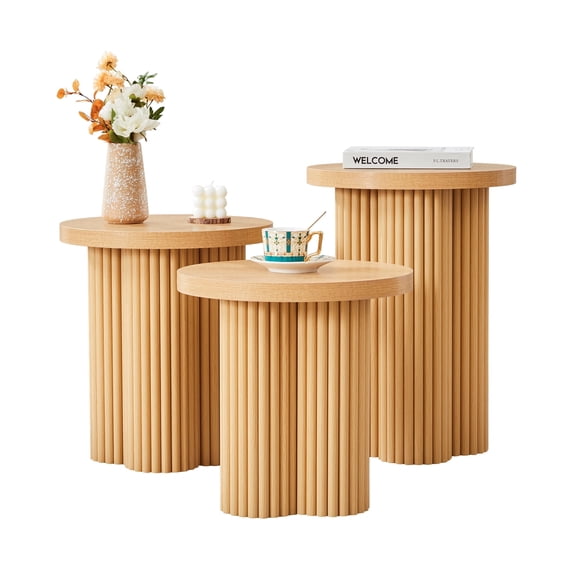 YOCWO 3 Pieces Round End Table with Fluted Plum Leg, Mid Century Modern Coffee Table Set of 3, Natural