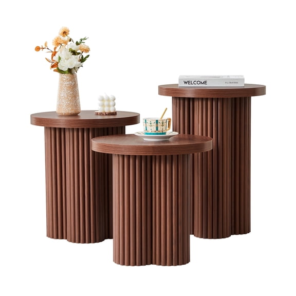 YOCWO 3 Pieces Round End Table with Fluted Plum Leg, Mid Century Modern Coffee Table Set of 3, Walnut