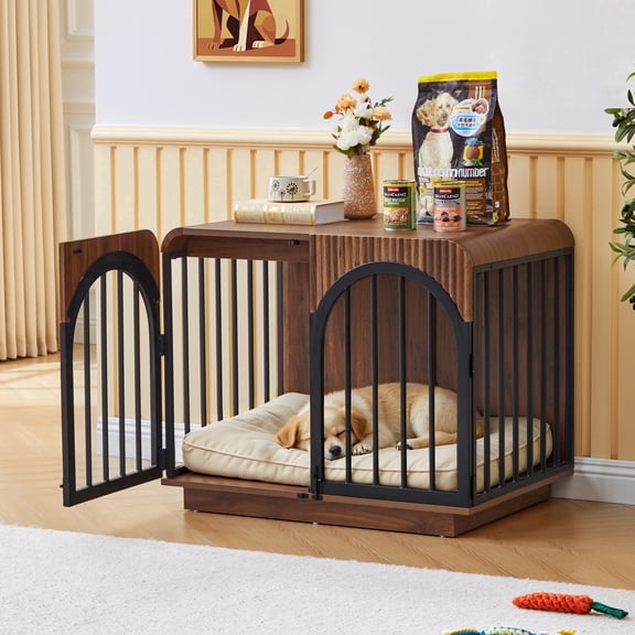YOCWO 31.5 inch Dog Crate Furniture for Medium Small Dog, Fluted Wood Dog Cage Furniture for Indoor as End Table, Walnut