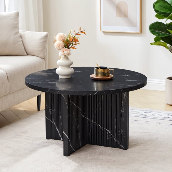 YOCWO 31.5" Round Coffee Table for Living Room with Wave Base, Mordern MDF Coffee Table for Apartment Small Space with Marble Veneer Finish, Black