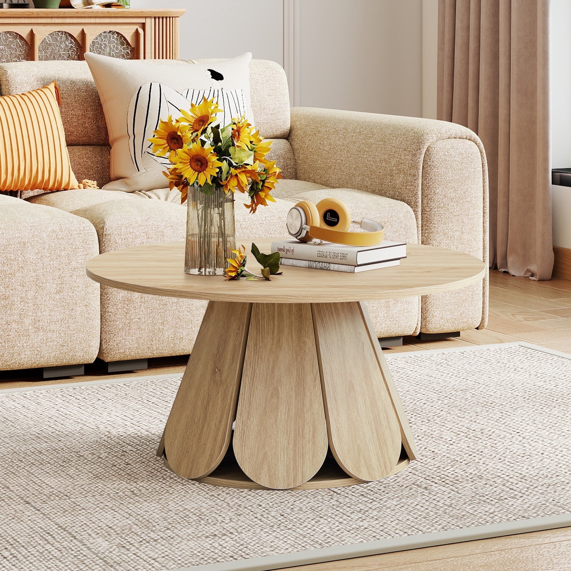 Giratree 2-Piece Modern Coffee & Side Table Set, Natural Wood