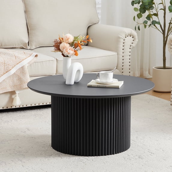 YOCWO 31.5" Small Round Coffee Table for Small Apartment Living Room, Modern Black Coffee Table with Fluted Drum