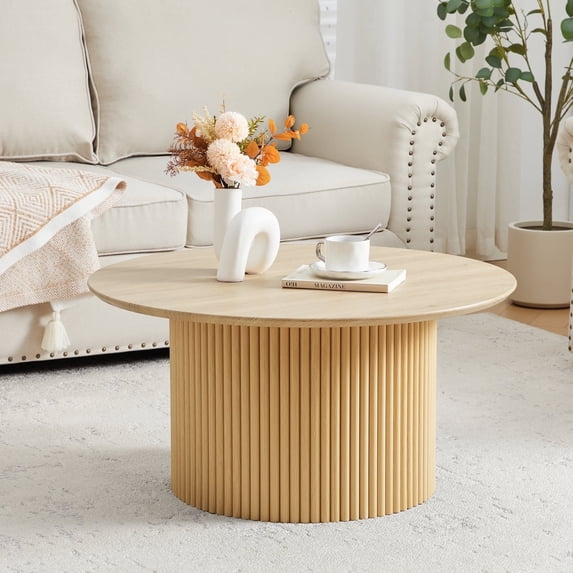 YOCWO 31.5" Small Round Coffee Table for Small Apartment Living Room, Modern Natural Coffee Table with Fluted Drum