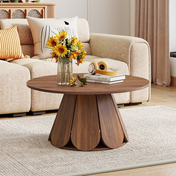 YOCWO 31.5" Small Round Coffee Table for Small Apartment Living Room, Modern Walnut Coffee Table with Petal Base