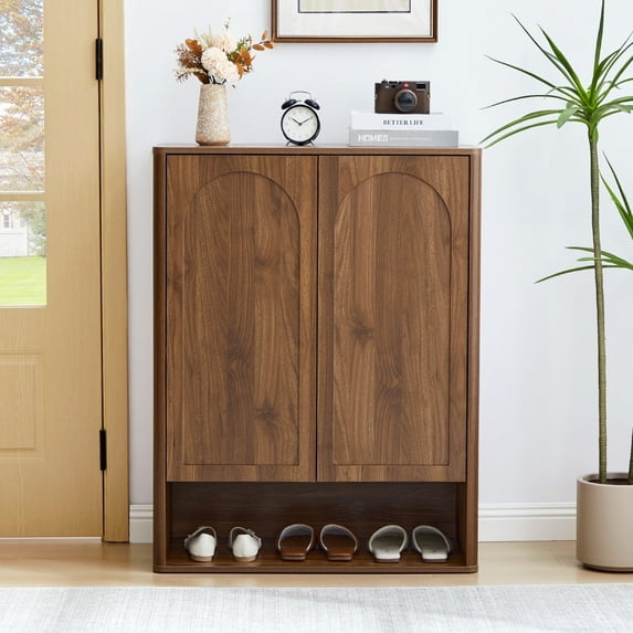 YOCWO 31.5" Wood Shoe Storage Cabinet with 2 Doors for Entryway Hallway, Shoe Closet with 3 Adjustable Shelves, Walnut