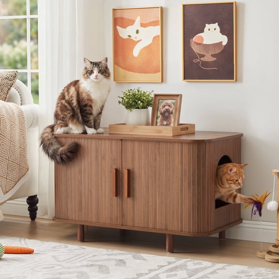 YOCWO 35" Cat Houses for Indoors with Litter Collector Tray, Cat Condo and Cat Toliet with 2 Sliding Door, Walnut