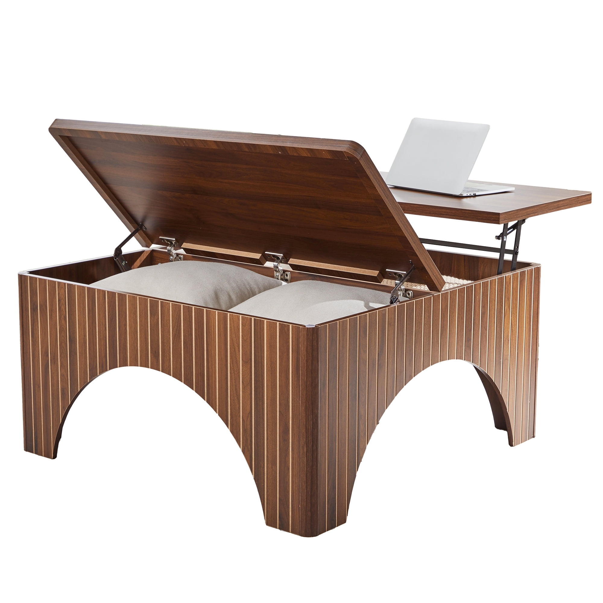 YOCWO 4 in 1 Carved Arched Square Coffee Table with Flip Top and Lift Top, Square Coffee Table with Hidden Compartments Storage for Living Room, Walnut