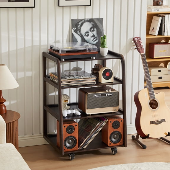 YOCWO 4-Tier Solid Wood AV Media Player Stand with Wheels, Record Player Table, Vinyl Record Storage Rack, CD Shelf, and Game Console Organizer for Living Room & Bedroom, Black