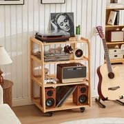 YOCWO 4-Tier Solid Wood AV Media Player Stand with Wheels, Record Player Table, Vinyl Record Storage Rack, CD Shelf, and Game Console Organizer for Living Room & Bedroom, Natural