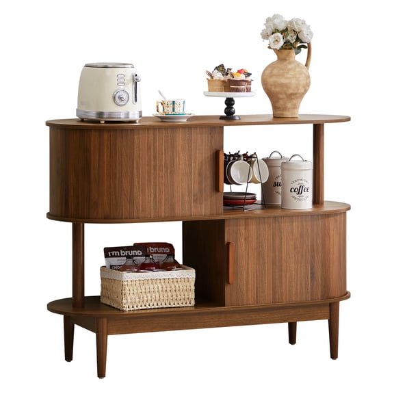 YOCWO 42.51" Oval Sideboard Buffet Cabinet with Tambour Sliding Door,Oval Curved Fluted Sideboard with Open Shelf, Buffet Storage Cabinet for Dining Room Living Room Entryway, Walnut