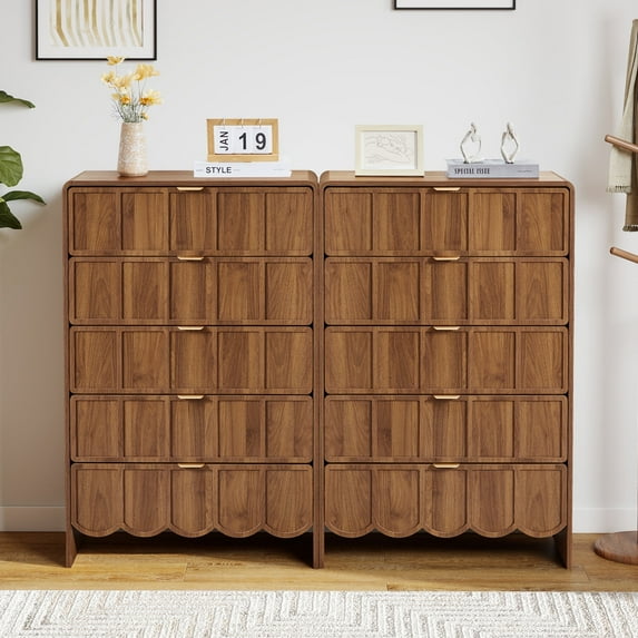 YOCWO 5 Drawer Dresser Set of 2 with Wave Panel, Mid Century Tall Storage Dresser Chest of Drawer for Bedroom, Walnut