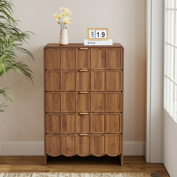 YOCWO 5 Drawer Dresser with Wave Panel, Mid Century Tall Storage Dresser Chest of Drawer for Bedroom, Walnut