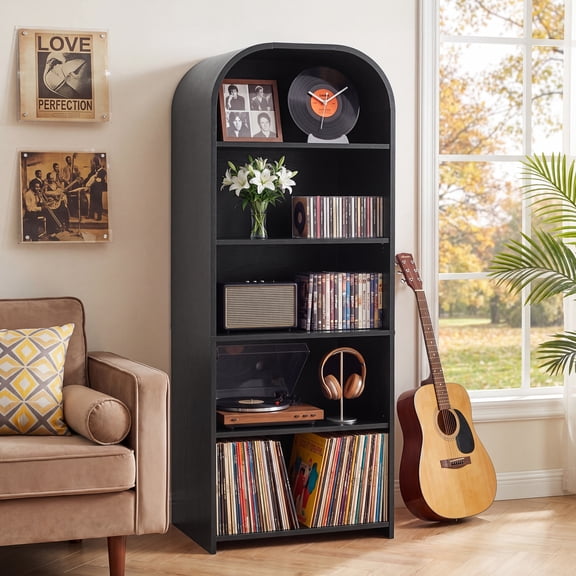 YOCWO 5-Tier Arched Record Player Cabinet, Large Wooden Storage Shelf for Vinyls/Books/CDs, Adjustable Shelves with Cable Hole & Anti-Tip Design, Black