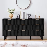 YOCWO 57 Wide 9 Drawer Dresser with Big Wave Pattern for Living Room Bedroom, Mid-Century Wood Large Chest of Drawer with Waveform Fluted Panel, Black