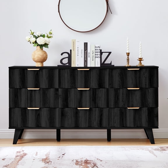 YOCWO 57" Wide 9 Drawer Dresser with Big Wave Pattern for Living Room Bedroom, Mid-Century Wood Large Chest of Drawer with Waveform Fluted Panel, Black