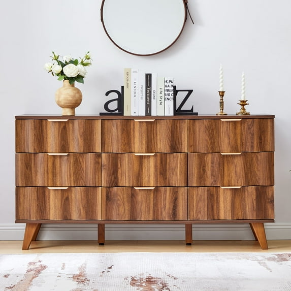 YOCWO 57" Wide 9 Drawer Dresser with Big Wave Pattern for Living Room Bedroom, Mid-Century Wood Large Chest of Drawer with Waveform Fluted Panel, Walnut