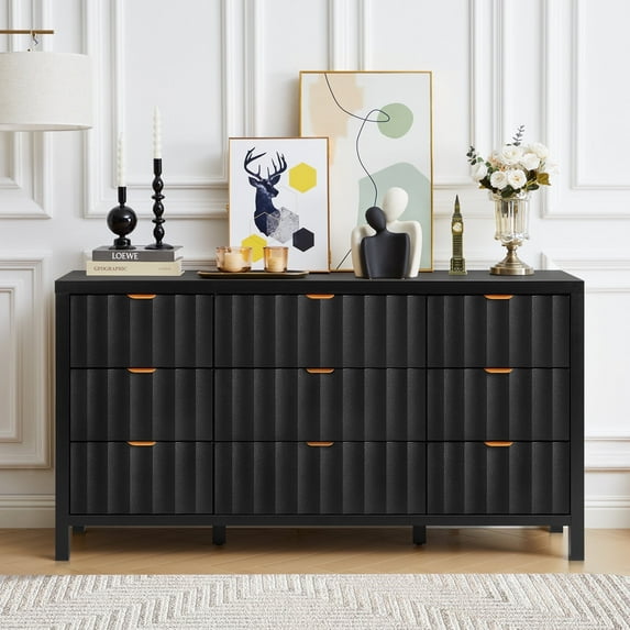 YOCWO 58.5" Wide 9 Drawer Dresser with Wave Fluted, Mid Century Storage Dresser Chest of Drawer for Bedroom, Black
