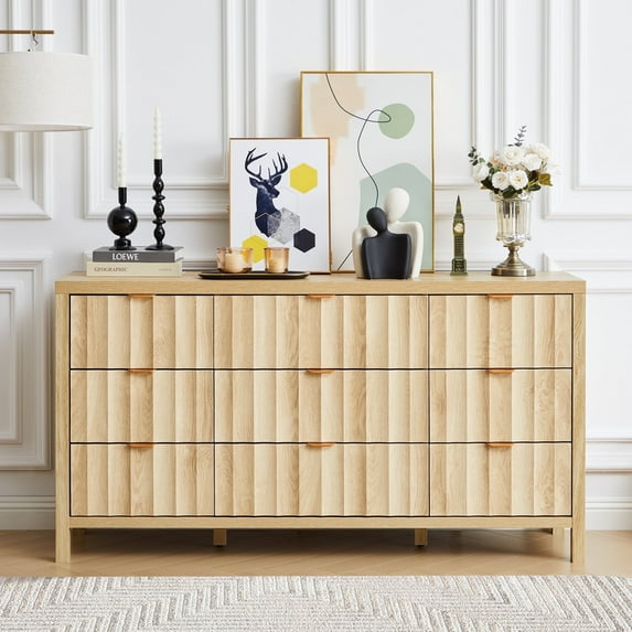 YOCWO 58.5" Wide 9 Drawer Dresser with Wave Fluted, Mid Century Storage Dresser Chest of Drawer for Bedroom, Natural