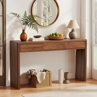 YOCWO 59" Narrow Console Table with Drawers and Charging Station, Mid Century Modern Sofa Table for Entryway Hallway & Home Office, Walnut