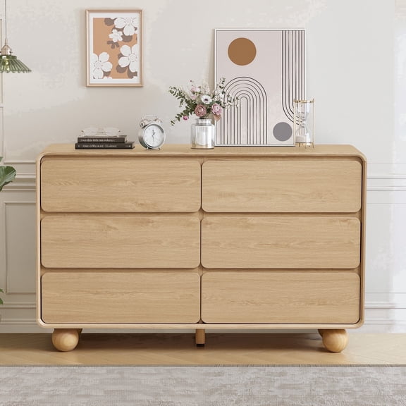 YOCWO 6 Drawer Dresser for Bedroom, Mid Century Chest of Drawers with Arc Edge and Round Leg, Wood Storage Large Dresser Organizer for Bedroom Living Room Hallway Closet, Natural