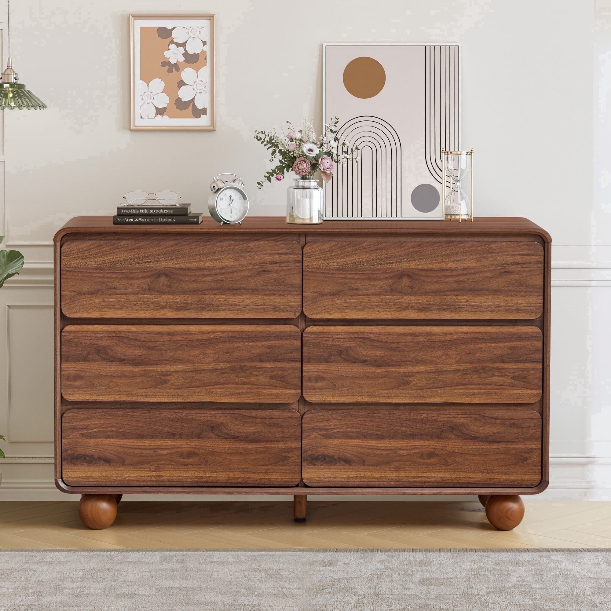 rounded dresser Drake Six Drawer in Sugar Buff cream wood finish is a soft natural tone that runs dark in the wood grain pores Mirae 5-Drawer Curved Dresser Chest