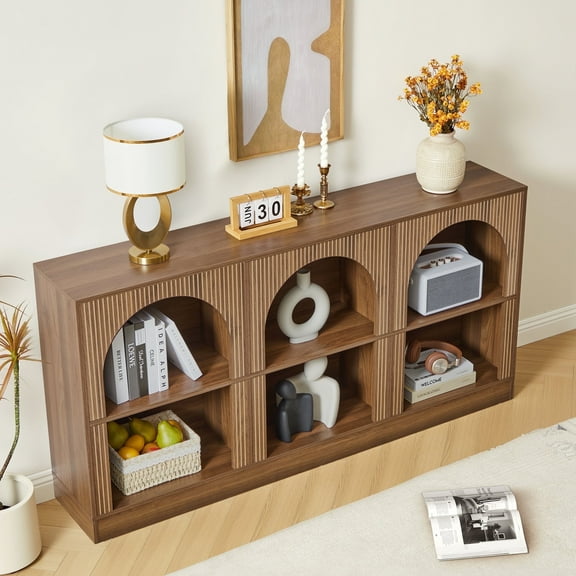 YOCWO 63" Console Table with 3 Arched Storage and Carved Line Design, Fluted Sofa Table for Entryway Hallway Living Room, Walnut