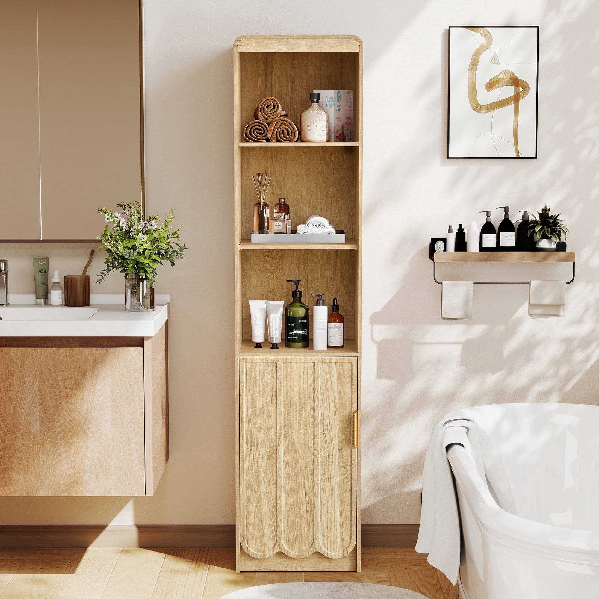 YOCWO 67" Tall Bathroom Storage Cabinet with Adjustable Shelves, 5 Tiers & 1 Door Bathroom Storage Tower with Wave Panel & Mental Handle, Freestanding Narrow Cabinet for Small Spaces, Natural
