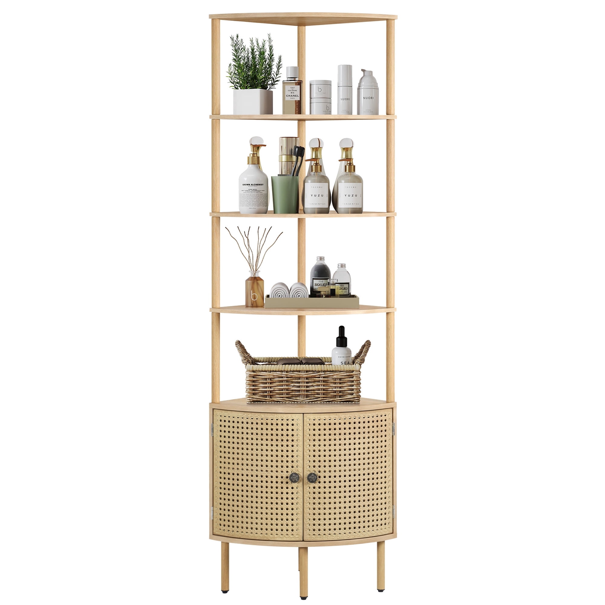 YOCWO 67" Tall Corner Bookshelf with 4-Tier Display Shelves and 2 Door Storage Cabinet, Metal Rattan Door Design, Natural