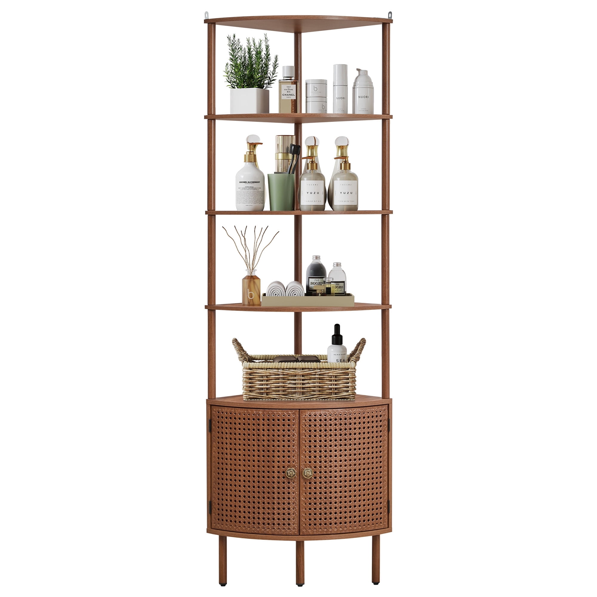 YOCWO 67" Tall Corner Bookshelf with 4-Tier Display Shelves and 2 Door Storage Cabinet, Metal Rattan Door Design, Walnut