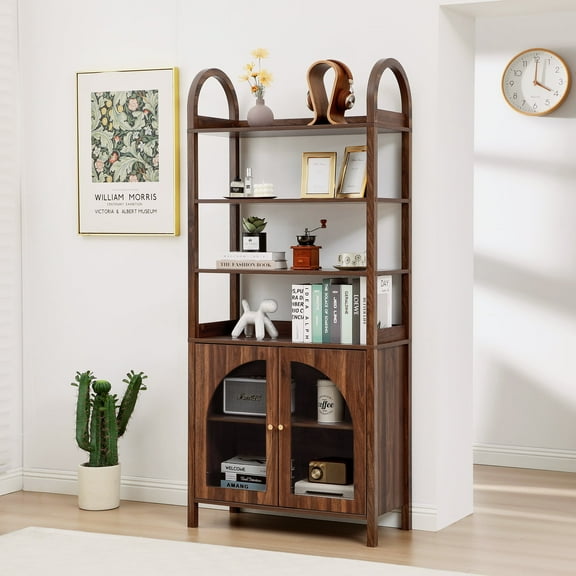 YOCWO 70" Tall Arched Bookcases, Acrylic Bookshelf with 4 Tier Open Shelf Storage and 2 Doors, Walnut