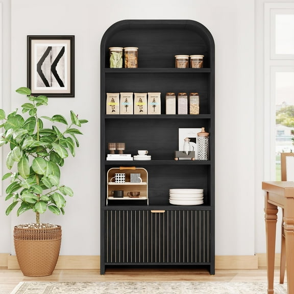 YOCWO 70" Tall Arched Bookcases with 1 Large Drawers & 4 Shelves, Wooden Bookshelf with Carved Line and Curved Top for Living Room Office, Black