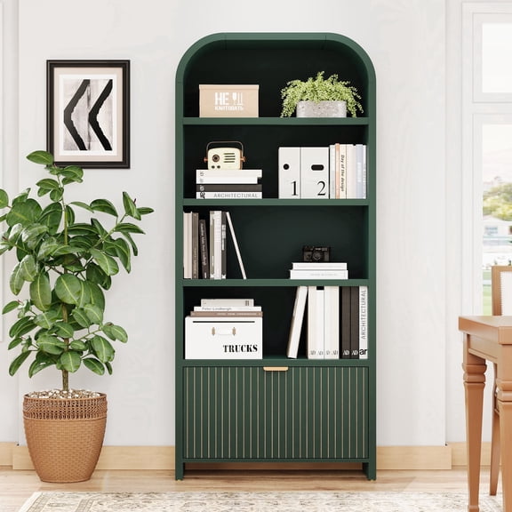 YOCWO 70" Tall Arched Bookcases with 1 Large Drawers & 4 Shelves, Wooden Bookshelf with Carved Line and Curved Top for Living Room Office, Green