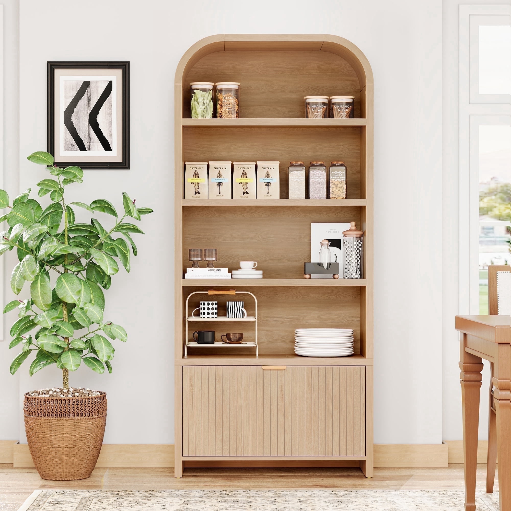 YOCWO 70" Tall Arched Bookcases with 1 Large Drawers & 4 Shelves, Wooden Bookshelf with Carved Line and Curved Top for Living Room Office, Natural