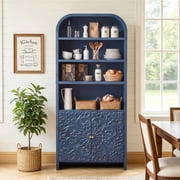 YOCWO 70" Tall Arched Bookcases with 2 Doors & 4 Shelves, Wooden Bookshelf with Engraved Decoration and Curved Top for Living Room Office, Blue