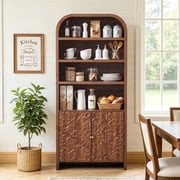 YOCWO 70" Tall Arched Bookcases with 2 Doors & 4 Shelves, Wooden Bookshelf with Engraved Decoration and Curved Top for Living Room Office, Walnut