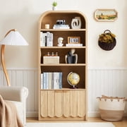 YOCWO 70" Tall Arched Bookcases with 2 Doors & 4 Shelves, Wooden Bookshelf with Wave Panel and Curved Top for Living Room Office, Natural