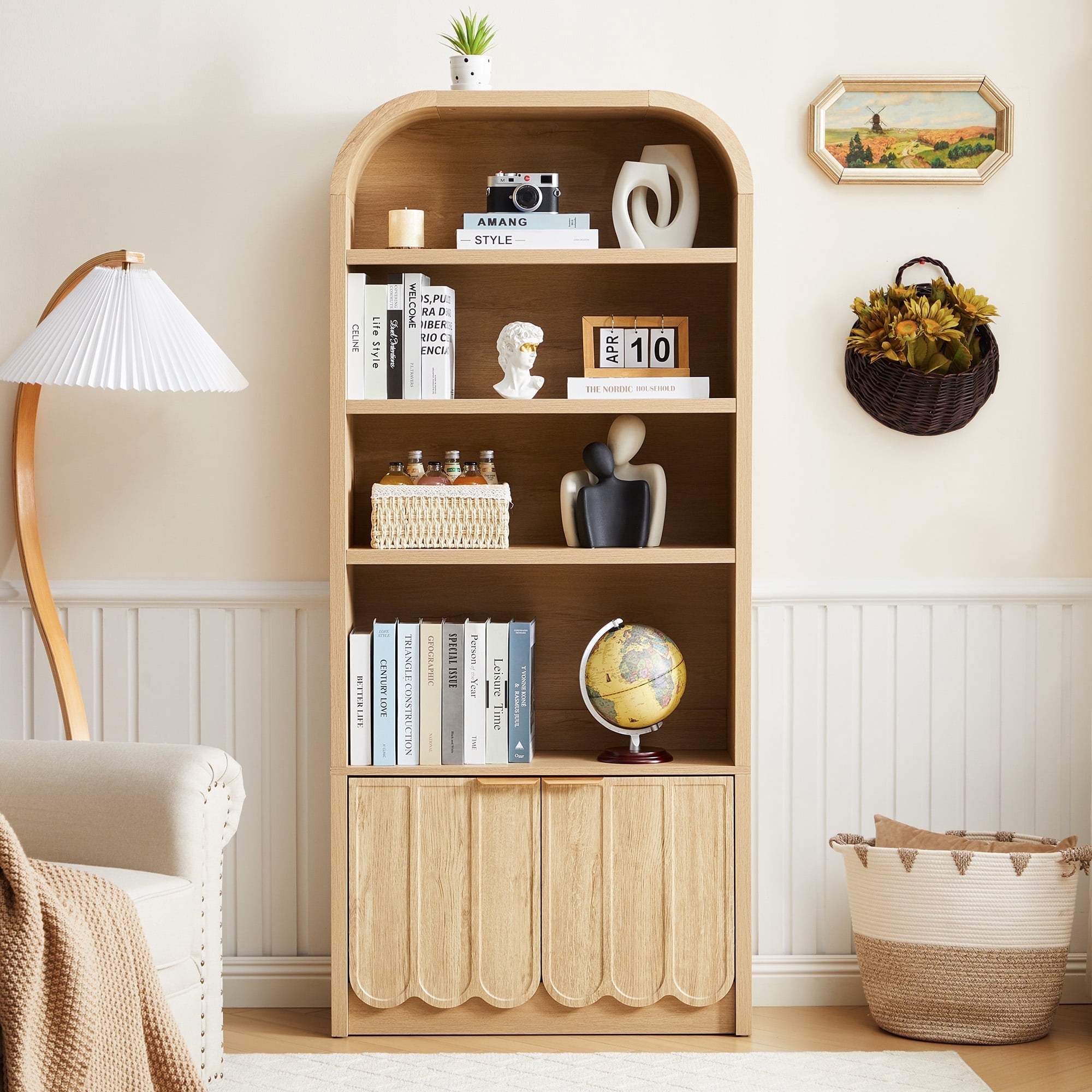 YOCWO 70" Tall Arched Bookcases with 2 Doors & 4 Shelves, Wooden Bookshelf with Wave Panel and Curved Top for Living Room Office, Natural