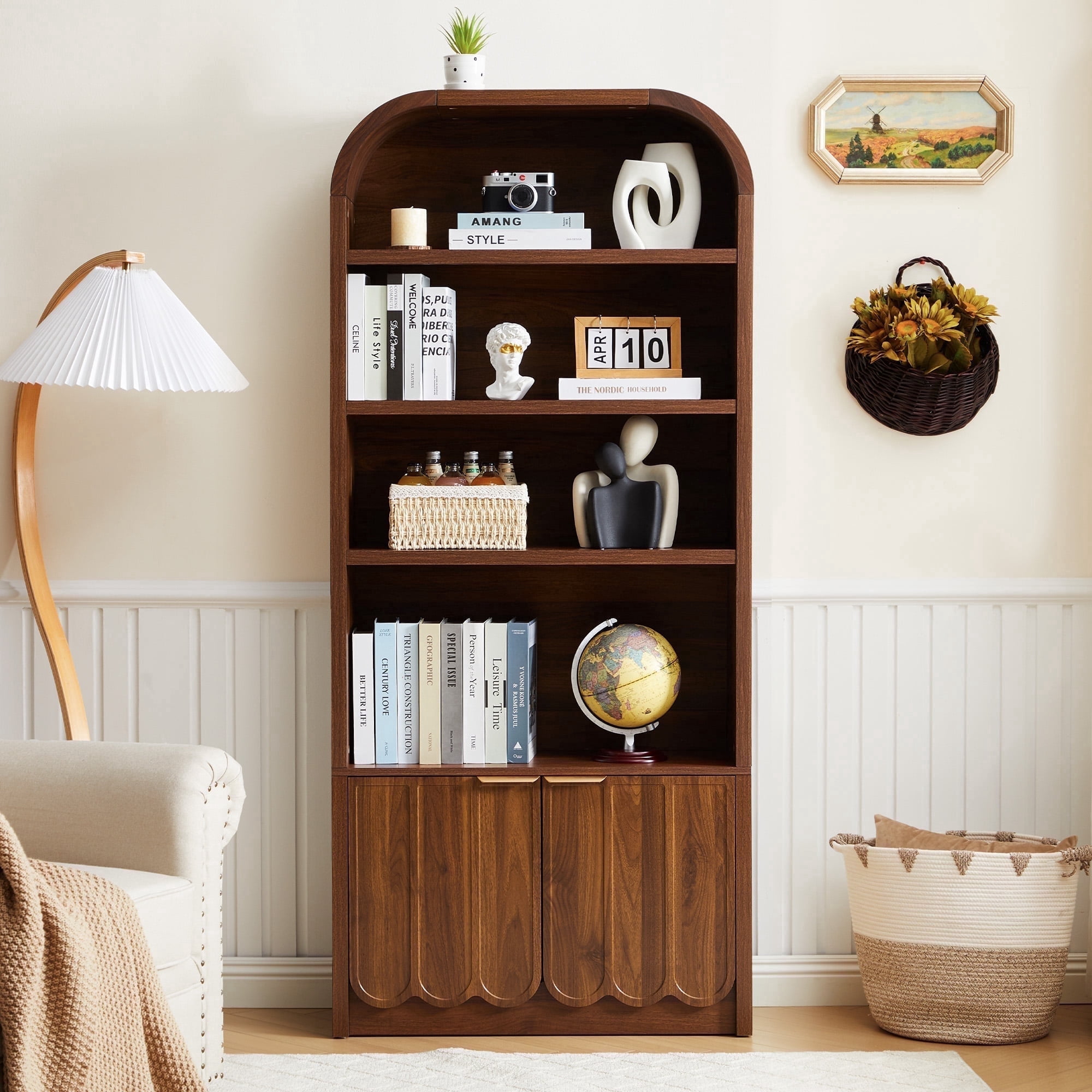 YOCWO 70" Tall Arched Bookcases with 2 Doors & 4 Shelves, Wooden Bookshelf with Wave Panel and Curved Top for Living Room Office, Walnut