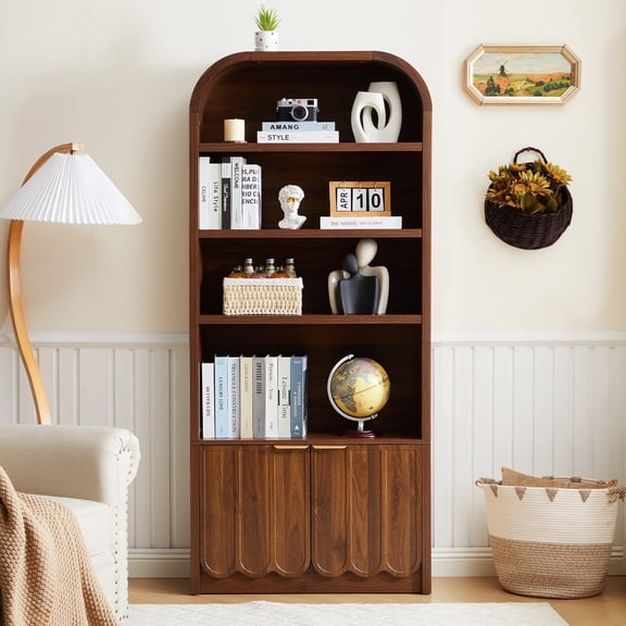 YOCWO 70" Tall Arched Bookcases with 2 Doors & 4 Shelves, Wooden Bookshelf with Wave Panel and Curved Top for Living Room Office, Walnut