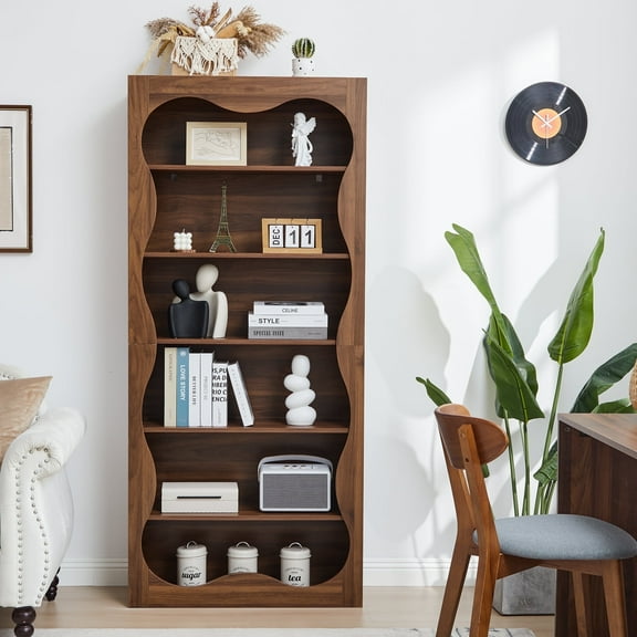 YOCWO 70" Tall Bookcase with Wave Design, 6 Tier Wooden Bookshelf with Open Storage for Office, Walnut