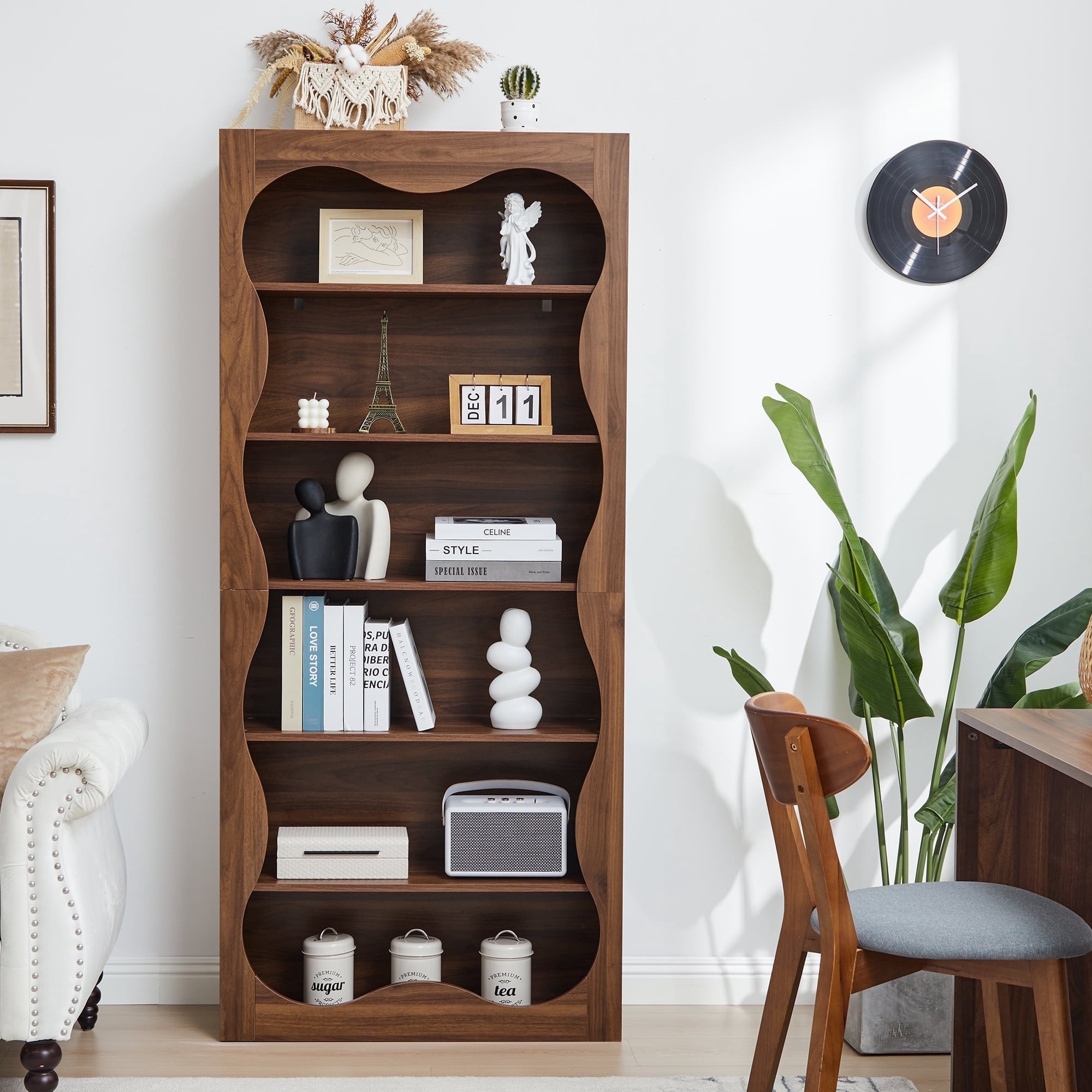 YOCWO 70" Tall Bookcase with Wave Design, 6 Tier Wooden Bookshelf with Open Storage for Office, Walnut