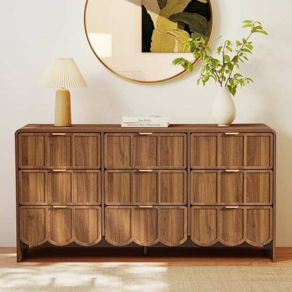 YOCWO 9 Drawer Dresser with Wave Panel, Mid Century Storage Dresser Chest of Drawer for Bedroom, Walnut