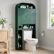 YOCWO Arched Over The Toilet Storage Cabinet with Carved Fluted Line, Storage Cabinet Over Toilet with 2 Doors and Open Shelf, Home Space Saver for Bathroom Laundry Room Living Room, Green