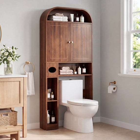 YOCWO Arched Over The Toilet Storage Cabinet with Carved Fluted Line, Storage Cabinet Over Toilet with 2 Doors and Open Shelf, Home Space Saver for Bathroom Laundry Room Living Room, Walnut
