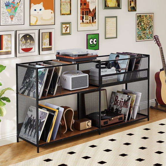 YOCWO Expandable Record Player Stand, L Shape and I Shape Record Shelf, Vinyl Record Stand Storage Holds 300~450 Albums