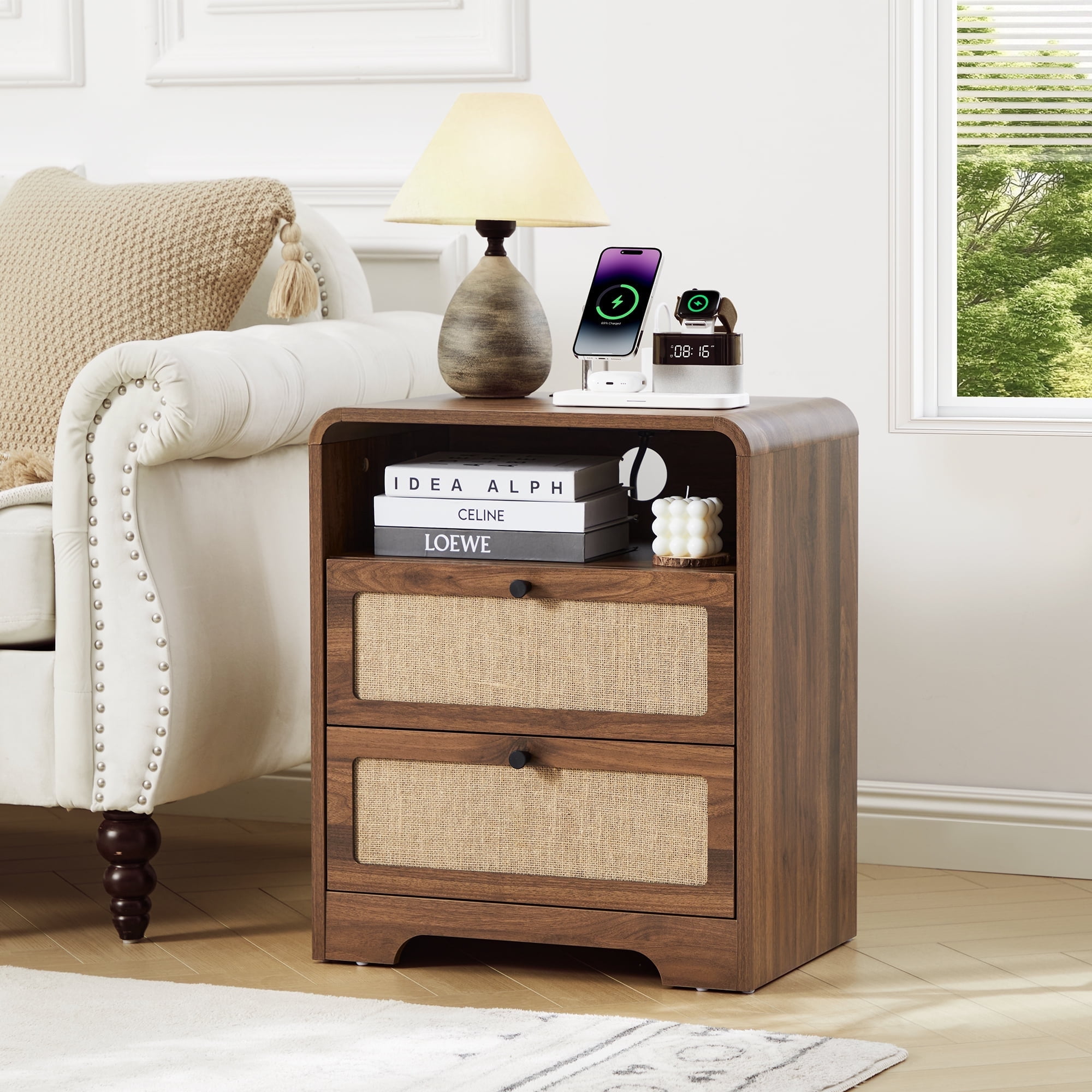 YOCWO Farmhouse Nightstand with Charging Station and Drawers for Bedroom, Linen Bedside Table with Drawers, Walnut