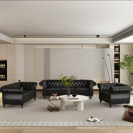 YOCWO Faux Leather Couches Set for Living Room, 3 Piece Sofa with Including Three Seat Sofa, Loveseat and Single Chair for Apartment Furniture Set (Black)