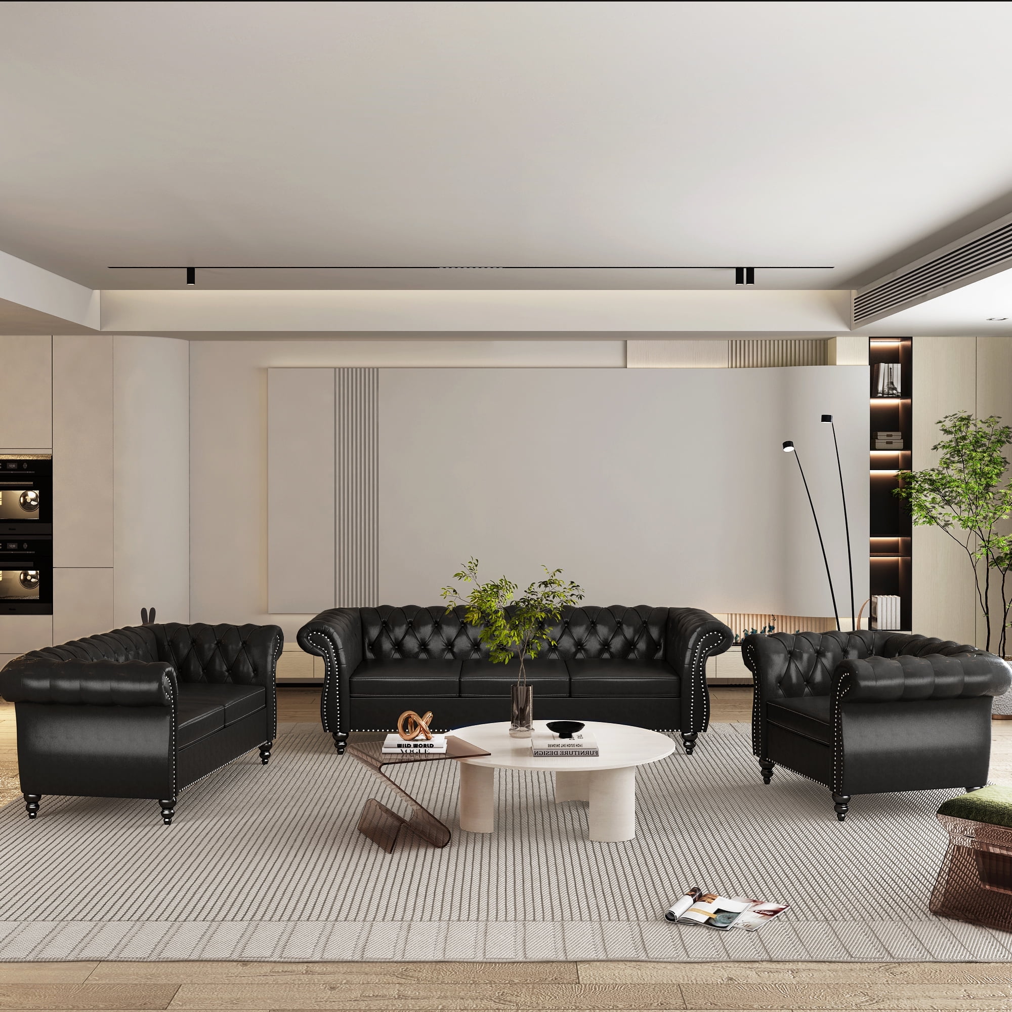 YOCWO Faux Leather Couches Set for Living Room, 3 Piece Sofa with Including Three Seat Sofa, Loveseat and Single Chair for Apartment Furniture Set (Black)