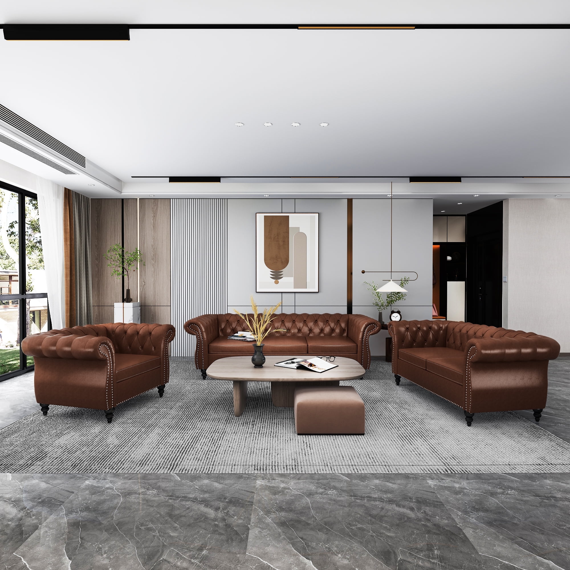 YOCWO Faux Leather Couches Set for Living Room, 3 Piece Sofa with Including Three Seat Sofa, Loveseat and Single Chair for Apartment Furniture Set (Brown)